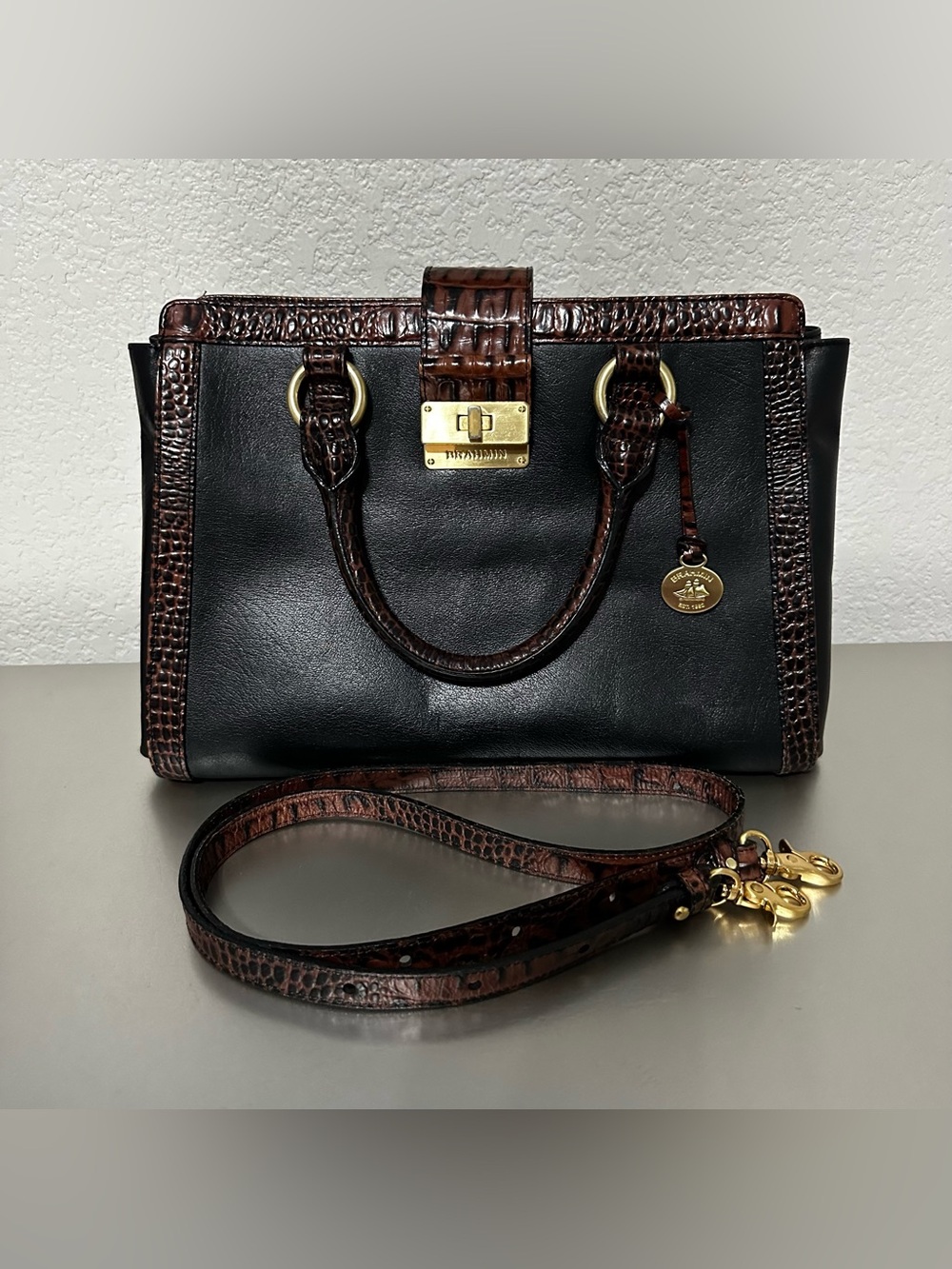 Brahmin Black Leather Brown Croc Embossed Satchel Crossbody Bag
